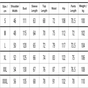 Detailed size chart for men's hooded tracksuit including top and pants measurements