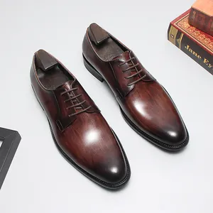Chaussures Derby en Cuir Véritable pour Hommes Brossées à la Main Chaussures Oxford Formelles Respirantes pour Hommes