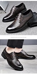 Close-up of men's brown perforated leather business shoes with elegant lace-up design