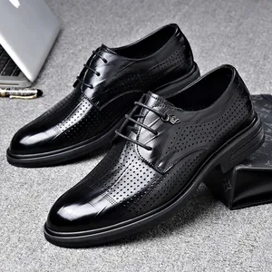 Men Genuine Leather Business Hollowed Out Dress Shoes Summer Breathable Lace-Up Formal Office Professional Gentleman Derby Shoes