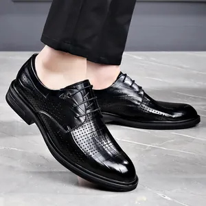 Classic black breathable hollow-out leather business shoes for men with lace-up design
