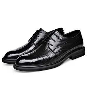 Men's black breathable leather business shoes with perforated hollow design