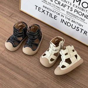 Toddler Kids Closed Toe Roman Sandals Microfiber Leather Soft Sole Breathable Side Zipper Anti-collision Summer Walking Shoes