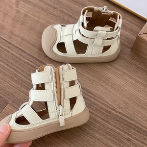 Cream toddler closed-toe Roman sandals with soft soles and side zippers for summer