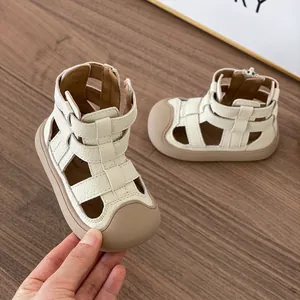 Cream toddler girls' closed-toe gladiator sandals with flexible soft sole for walking