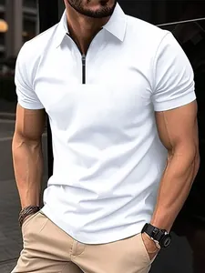 Premium men's summer white slim fit Polo shirt with zipper collar and short sleeves outfit