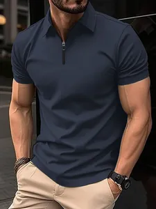 Men's slim fit navy blue polo shirt with quarter zipper short sleeve casual top