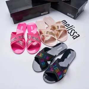 Melissa summer jelly slides with colorful metallic cross strap letters for women