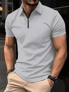 Men's stylish short sleeve zipper polo shirt in light grey, slim fit casual wear