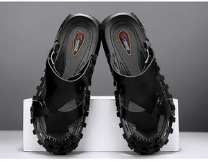 Detailed top view of men's black leather dual-use sandals with thick anti-slip soles