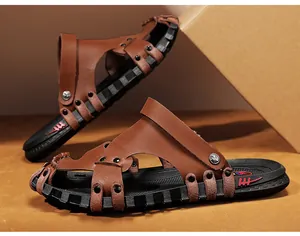 Close-up of brown leather dual-use men's sandals with non-slip black rubber sole