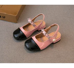 Girls pink and black color-block sandals with pearl chain detail princess shoes
