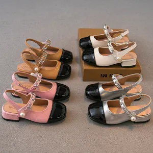 Girls Closed Toe Sandals Artificial Leather Pearl Chain Splicing Princess Shoes Korean Style Color Block Flat Sandals For Girls