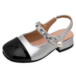 Elegant girls' silver and black two-tone sandals with a stylish pearl chain detail.