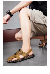 Men's casual brown leather sandals with adjustable strap for outdoor summer wear