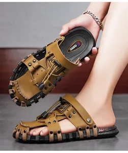 Close-up detail of men's casual leather beach sandals with non-slip soles and adjustable straps