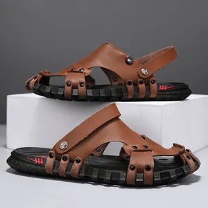 Brown men's casual leather sandals with anti-slip thick rubber soles for summer beach