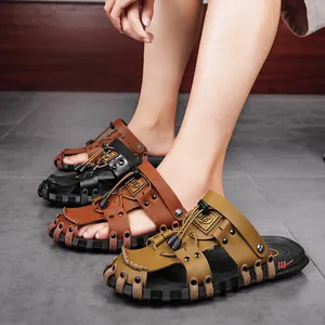 Men's leather beach sandals in multiple colors, featuring anti-slip soles and casual design.