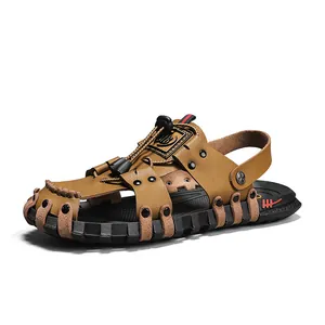 Men's brown leather beach sandals with anti-slip rubber sole for summer casual wear.