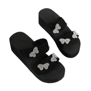 Elegant black platform wedge sandals for women with sparkling rhinestone butterfly decor