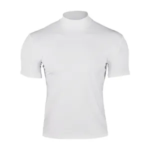 High-quality detail of a men's white tight-fit mock neck short sleeve compression T-shirt