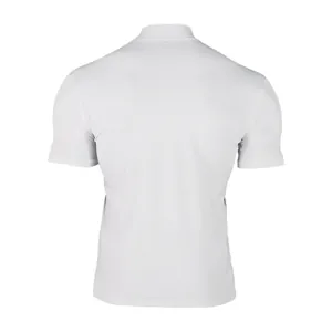 Back view of men's white slim-fit short-sleeve mock neck compression T-shirt
