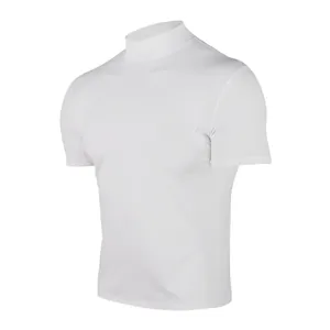 Detailed side view of a men's white slim fit mock neck short sleeve T-shirt
