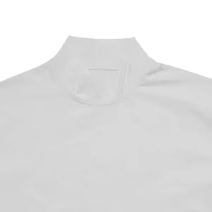 Close-up shot of a white mock neck T-shirt collar showcasing fine stitching and quality fabric.