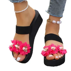 Platform wedge slippers for women with pink fabric flowers for beach and casual wear