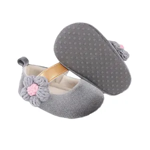 Grey baby girl princess pre-walker shoes with knitted flower detail and non-slip sole