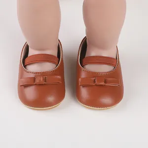 Braune Baby-Mary Janes mit Schleife und elastischem Riemen für Kleinkinder von 0-1 Jahr