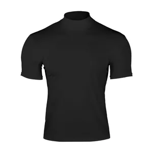Detailed front view of a men's black slim-fit mock neck short-sleeved base layer T-shirt