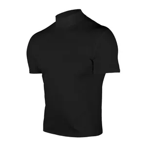 Detailed side view of men's black mock neck compression t-shirt on a torso mannequin