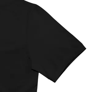Detail macro view of the black short sleeve seam on men's slim fit mock neck T-shirt