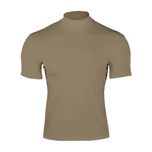 Men's solid khaki mock neck short sleeve T-shirt with a stylish slim fit compression design