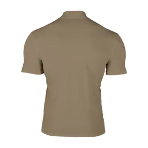 Detailed back view of a khaki tight-fitting men's mock neck short sleeve T-shirt