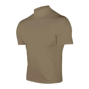 Professional men's khaki compression t-shirt featuring mock neck and short sleeves