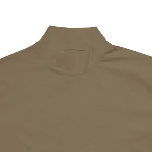 High-quality close-up of a men's khaki tight-fit mock neck t-shirt collar detail