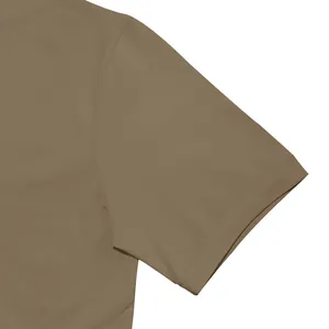 Close-up detail of a brown men's short sleeve T-shirt showing cuff and seam construction