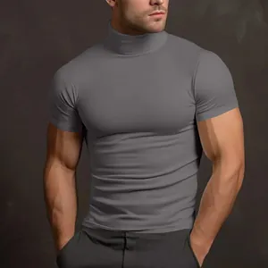 T-shirt a compressione uomo slim fit con collo alto e maniche corte in tinta unita grigio scuro