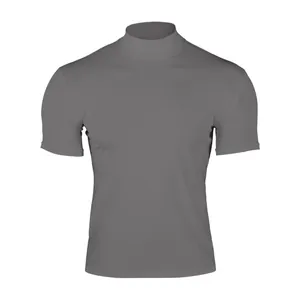 Detailed view of grey men's slim fit mock neck short sleeve t-shirt for summer