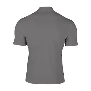 Detailed back view of a men's dark gray tight-fitting mock neck short sleeve T-shirt