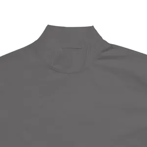 Close-up detail view of a men's slim fit mock neck T-shirt in solid dark grey color
