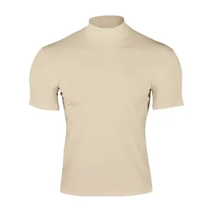 Beige men's slim fit high neck short sleeve compression t-shirt shown on a white background