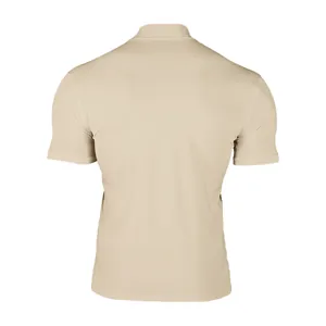 Detailed back view of a premium beige men's tight-fitting short-sleeved mock-neck base shirt.