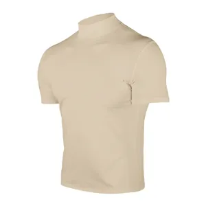 Detailed view of men's beige slim fit mock neck short sleeve undershirt t-shirt