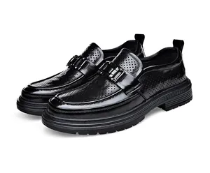 Elegant black perforated leather loafers for men featuring a stylish metal buckle