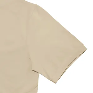 Close-up of sleeve stitching on a men's khaki slim fit high neck short sleeve T-shirt
