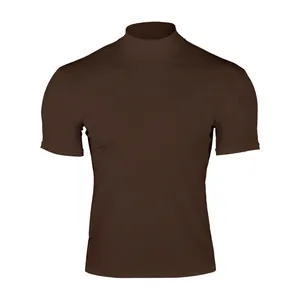 Close-up of a men's chocolate brown tight-fitting mock neck short sleeve T-shirt.