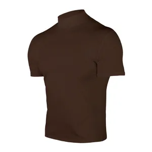 Detail view of men's dark brown mock neck slim fit short sleeve t-shirt base layer
